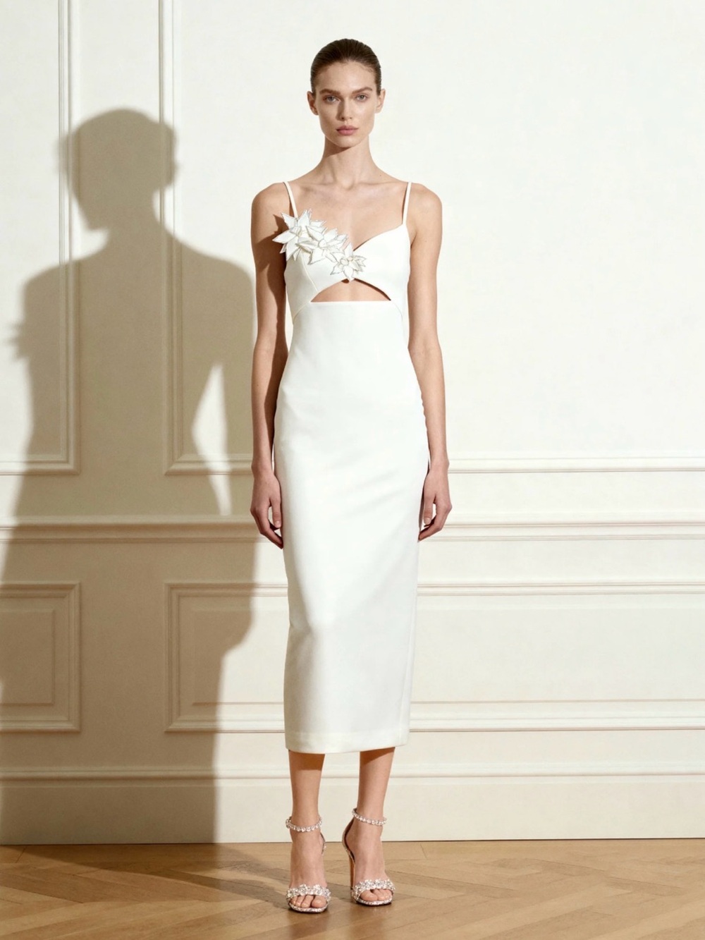JW PEI White Midi Dress with Floral Applique and Cutout Detail